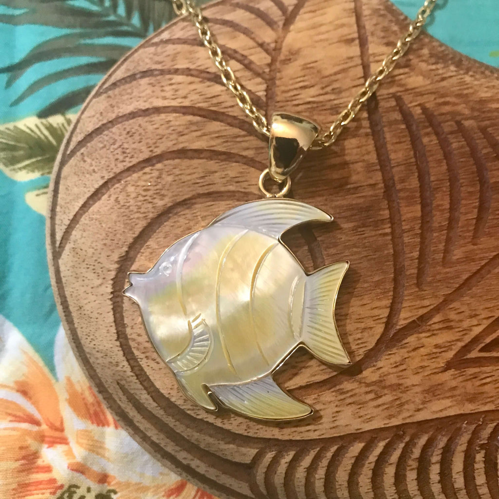 Island jewelry MOP carved sunfish pendant necklace set in alchemia gold | Aloha Products USA