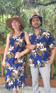 Couple wearing matching Hawaiian navy orchid shirt and dress for family outfit | Aloha Products USA
