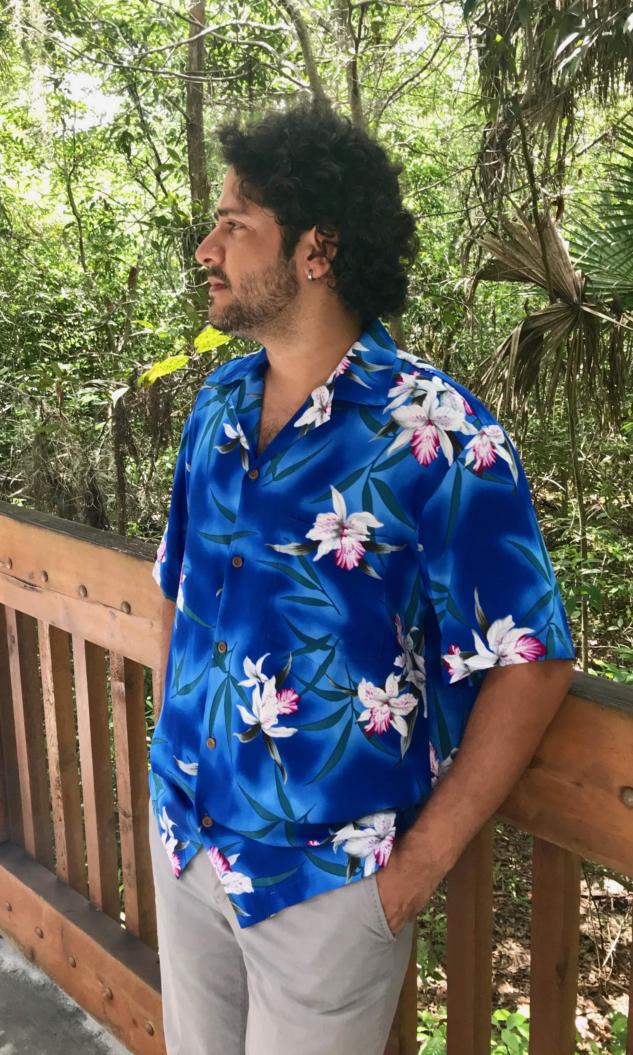 Mens Hawaiian rayon shirt in blue orchid | Aloha Products USA