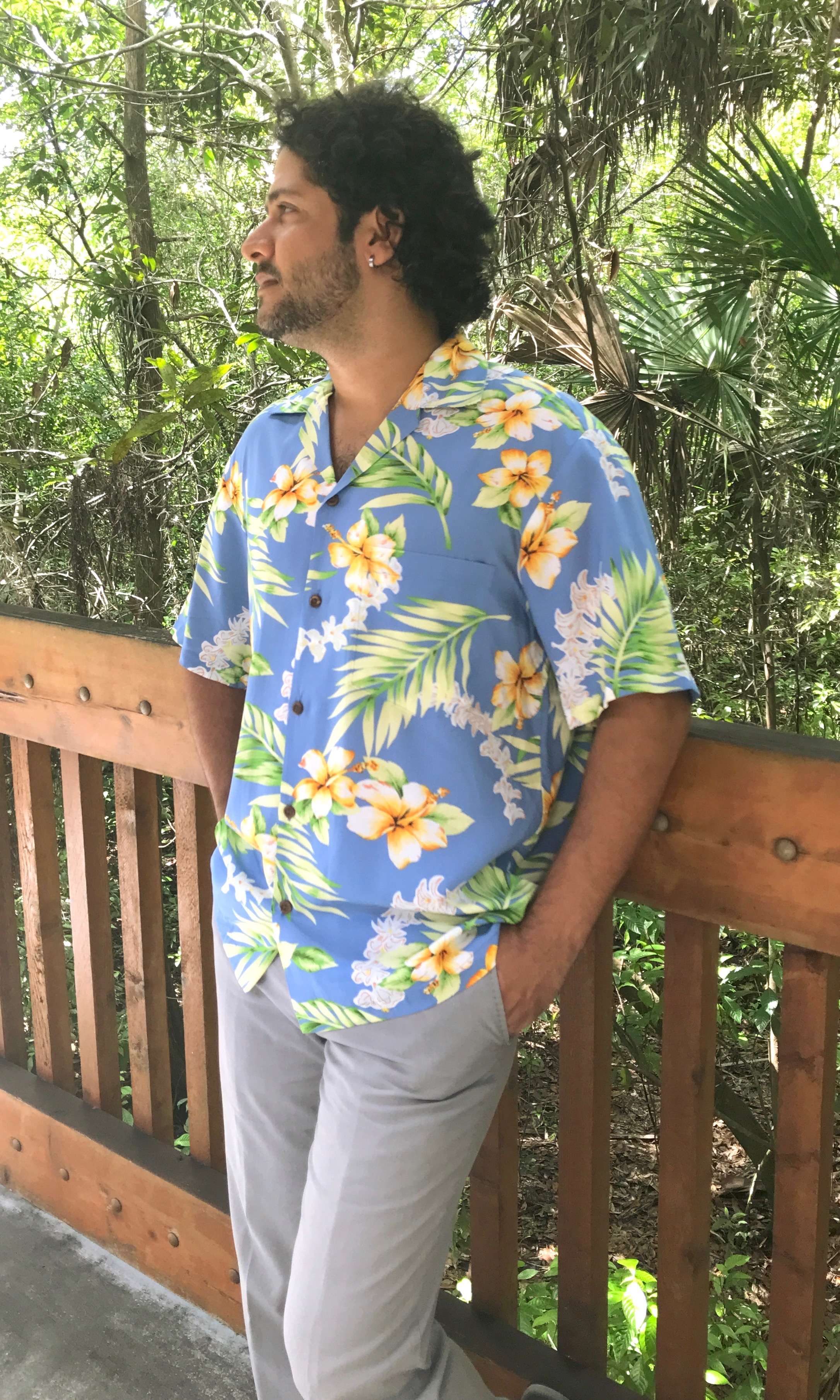 Mens Hawaiian rayon shirt in blue tuberose print | Aloha Products USA