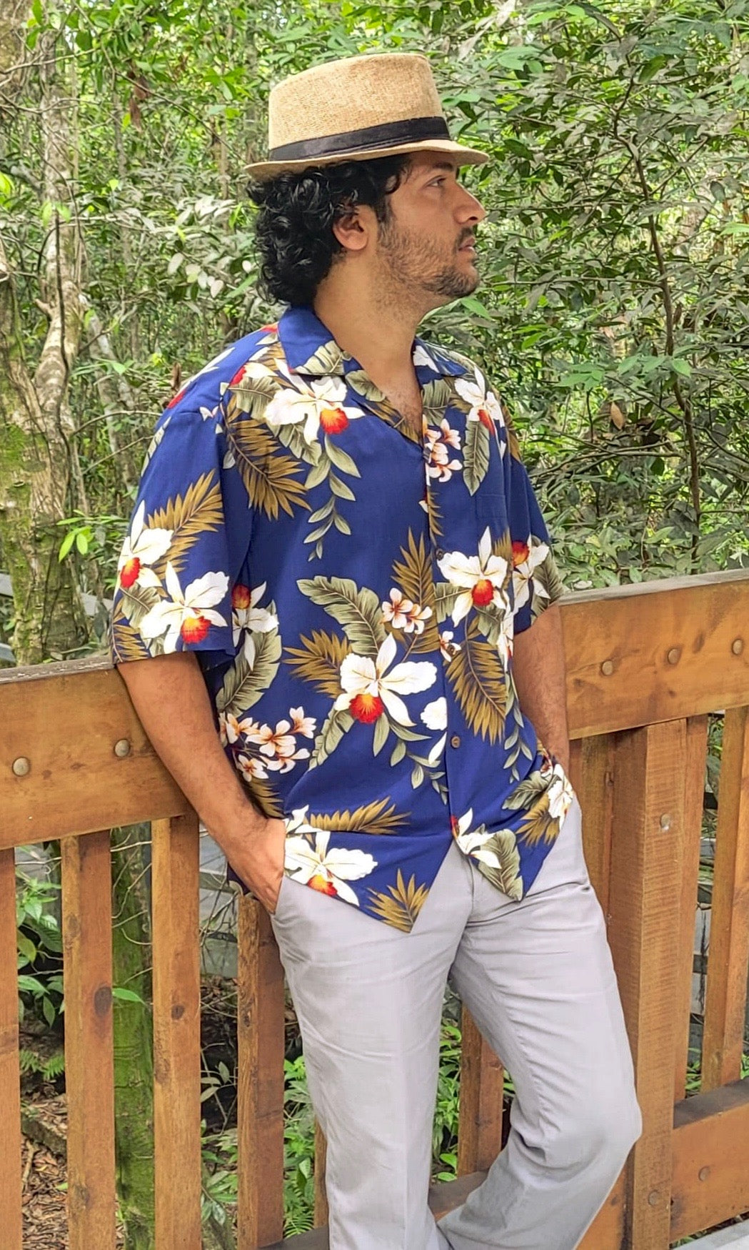 Mens Hawaiian rayon shirt in navy blue orchid | Aloha Products USA