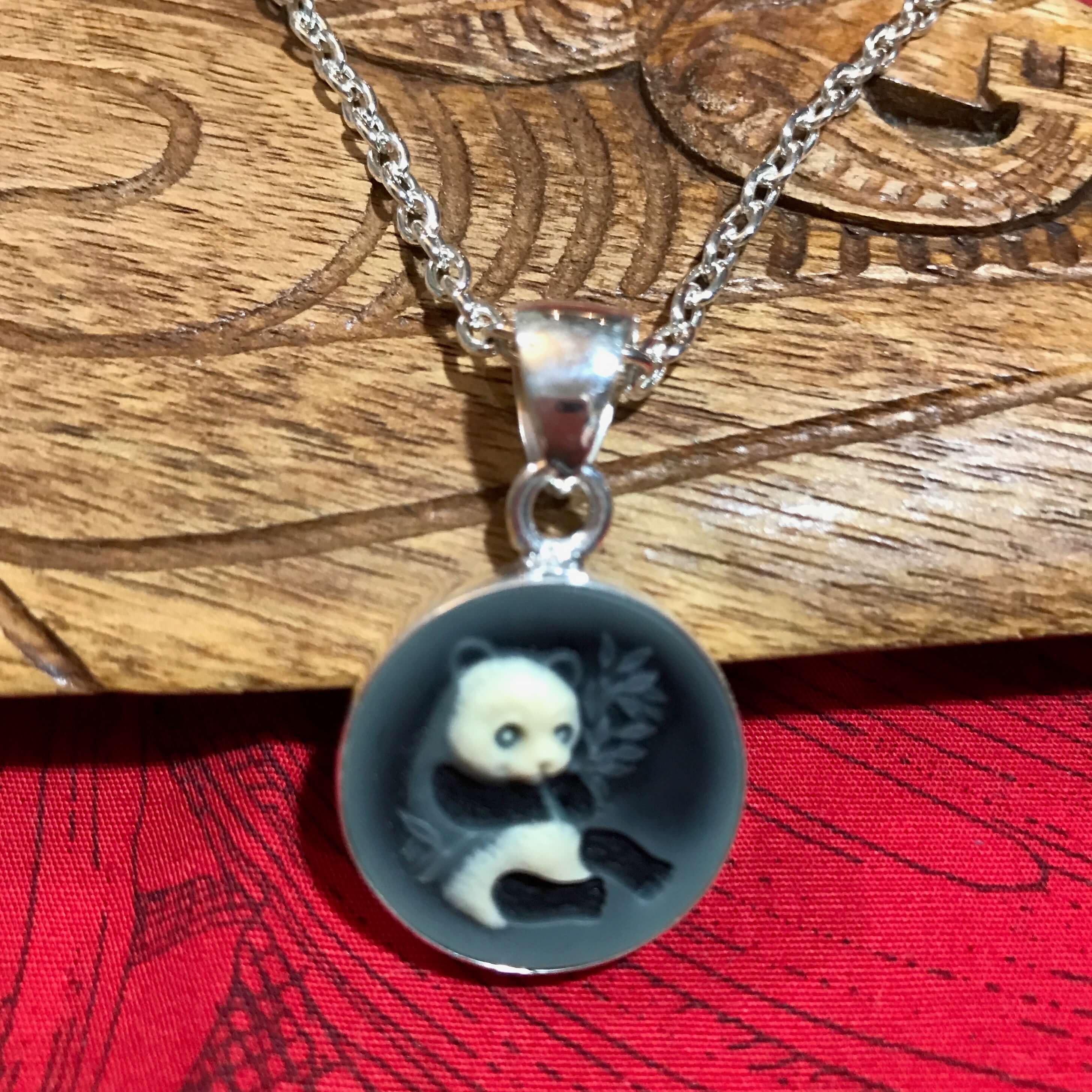 Island jewelry adorable panda bear cameo pendant necklace set in stirling silver | Aloha Products USA