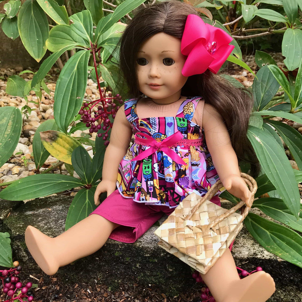 18 inch American Girl Doll wearing a pink Japanese anime cartoon print two piece outfit  | Aloha Products USA