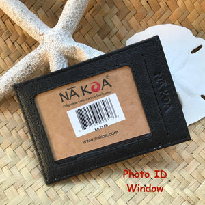 Back view of a Polynesian design leather ID card holder