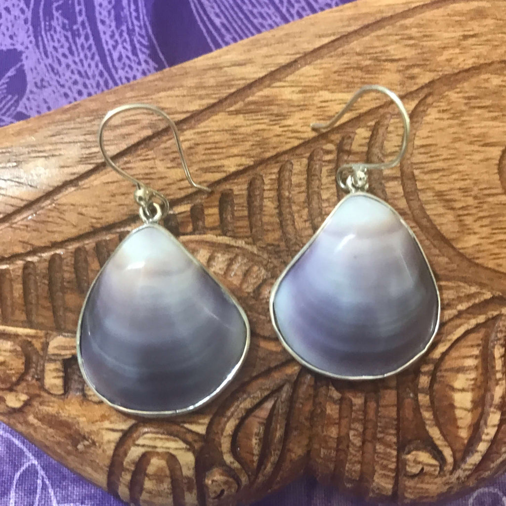 Island jewelry purple clam shell drop earrings set on stirling silver | Aloha Products USA