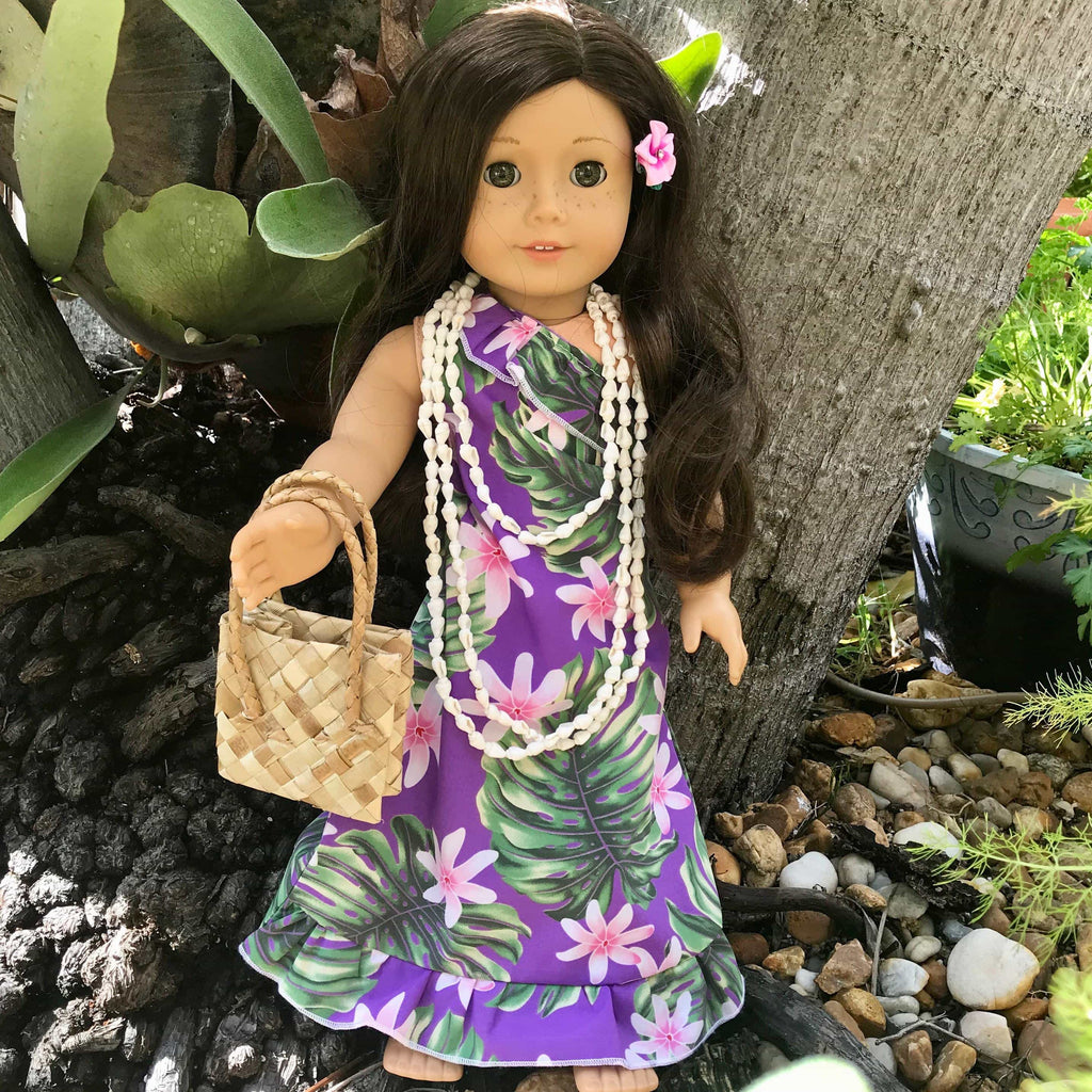 18 inch American girl doll wearing a long purple flower Hawaiian holoku hula costume dress outfit | Aloha Products USA