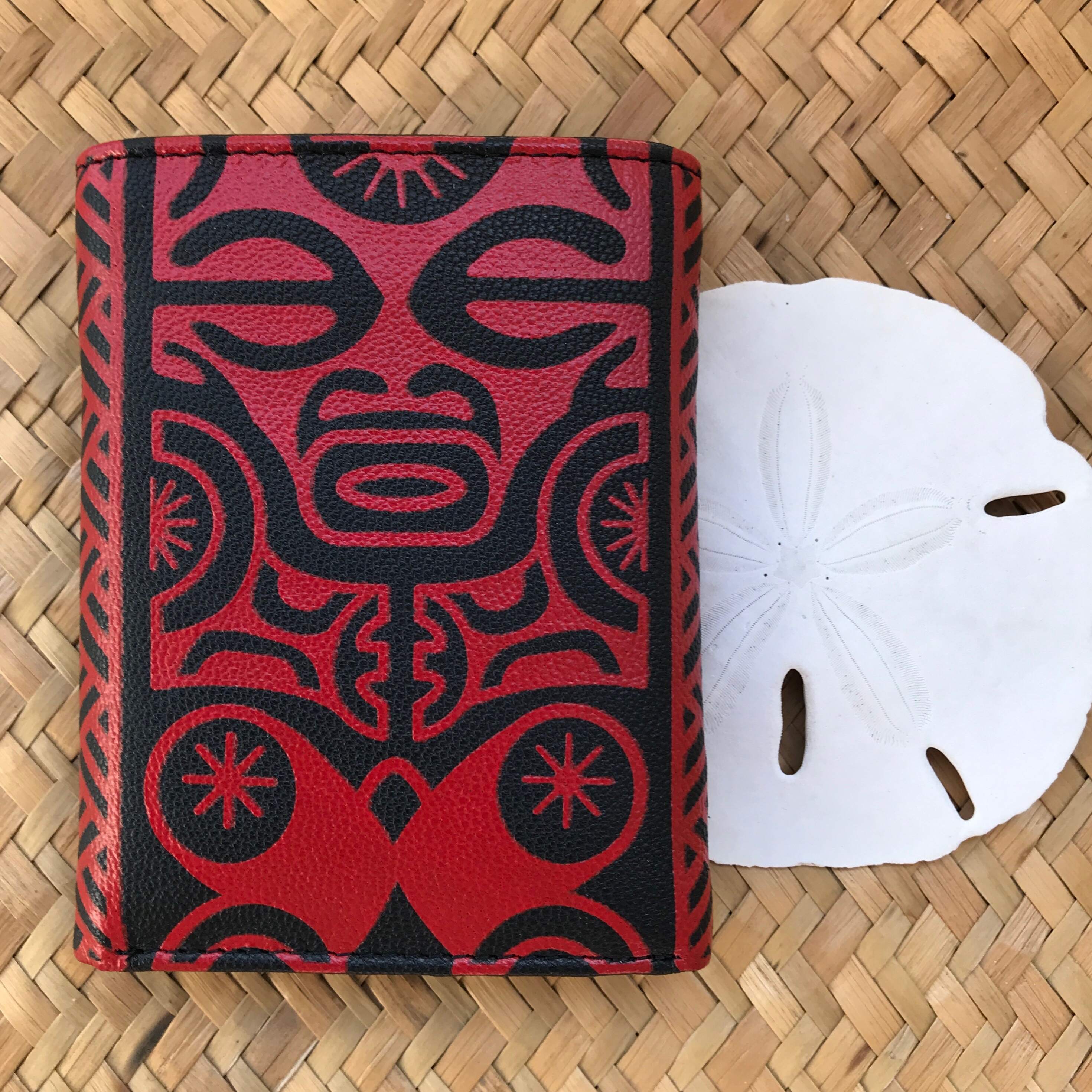 Red and black Hawaiian trifold leather wallet gift for men with tiki design | Aloha Products USA 