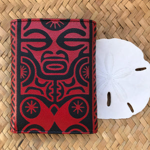 Red and black Hawaiian trifold leather wallet gift for men with tiki design | Aloha Products USA 