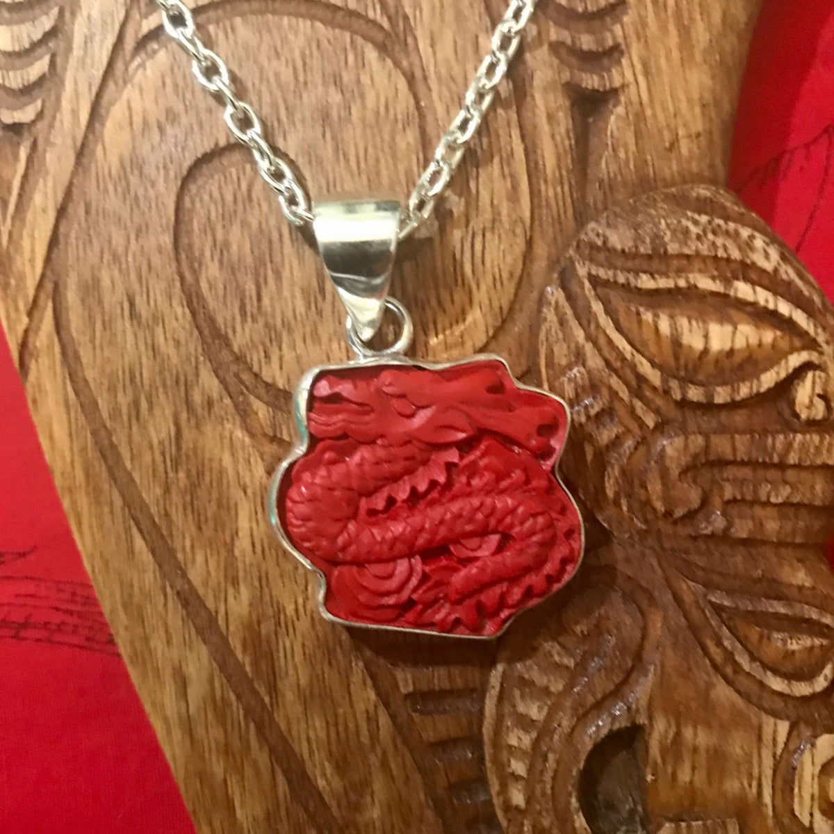 Island jewelry red cinnibar dragon pendant necklace set in stirling silver | Aloha Products USA