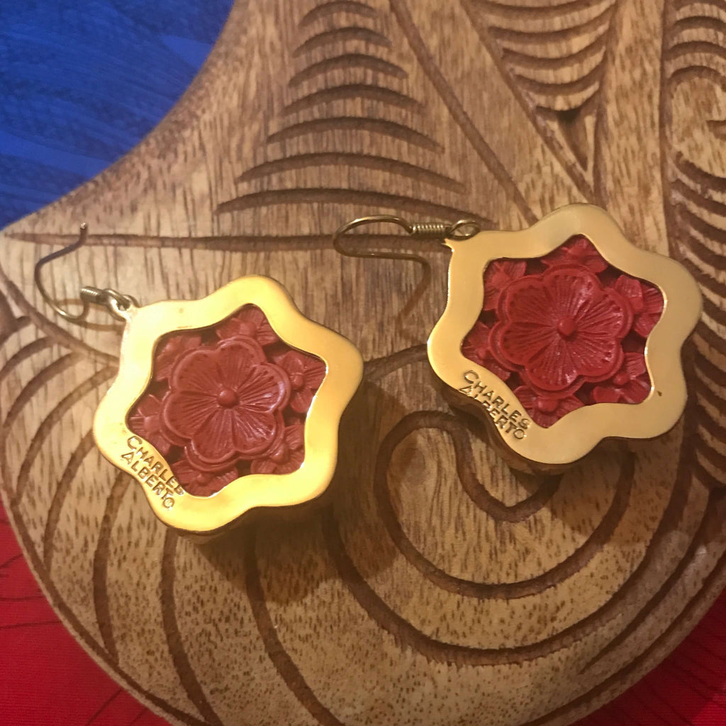 Back view of red cinnibar flower earrings with alchemia gold setting