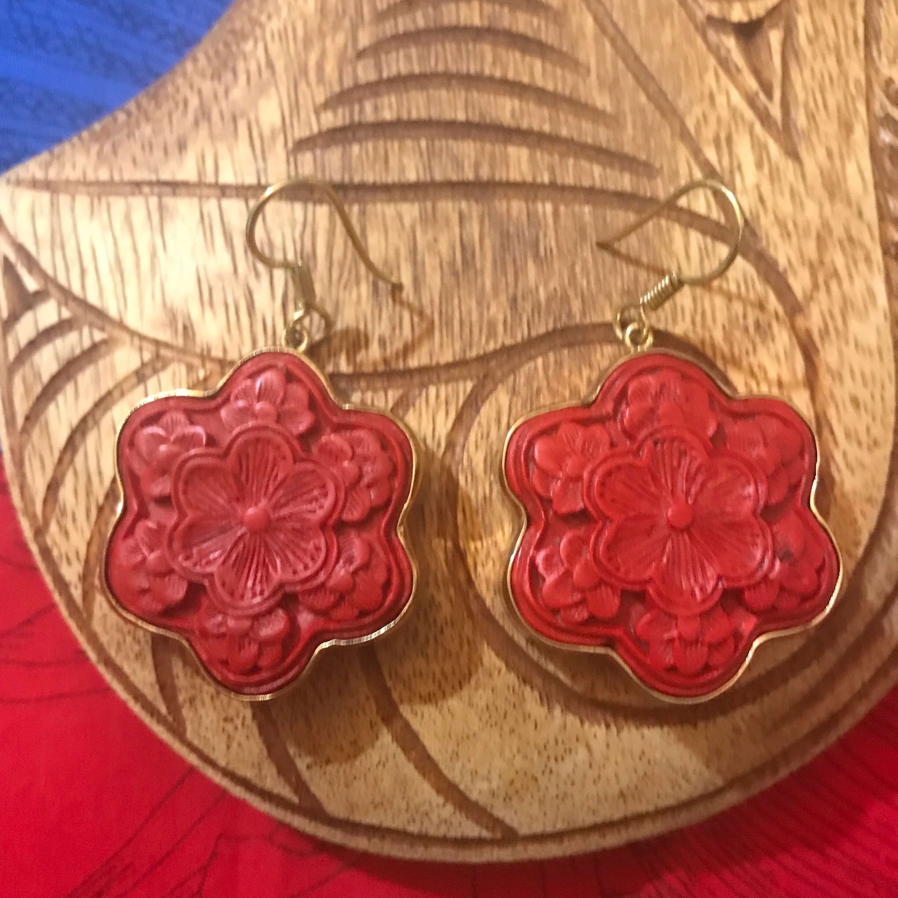 Island jewelry red cinnibar flower earrings with alchemia gold setting | Aloha Products USA