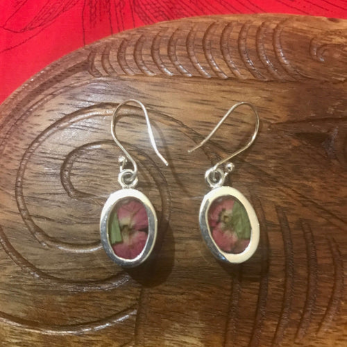 Back view of dried red flower resin earrings set in stirling silver