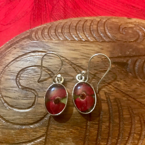 Island jewelry dried red flower resin earrings set in stirling silver | Aloha Products USA