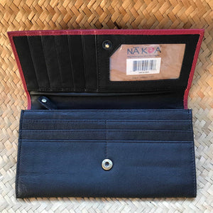 Open view of a red leather clutch wallet