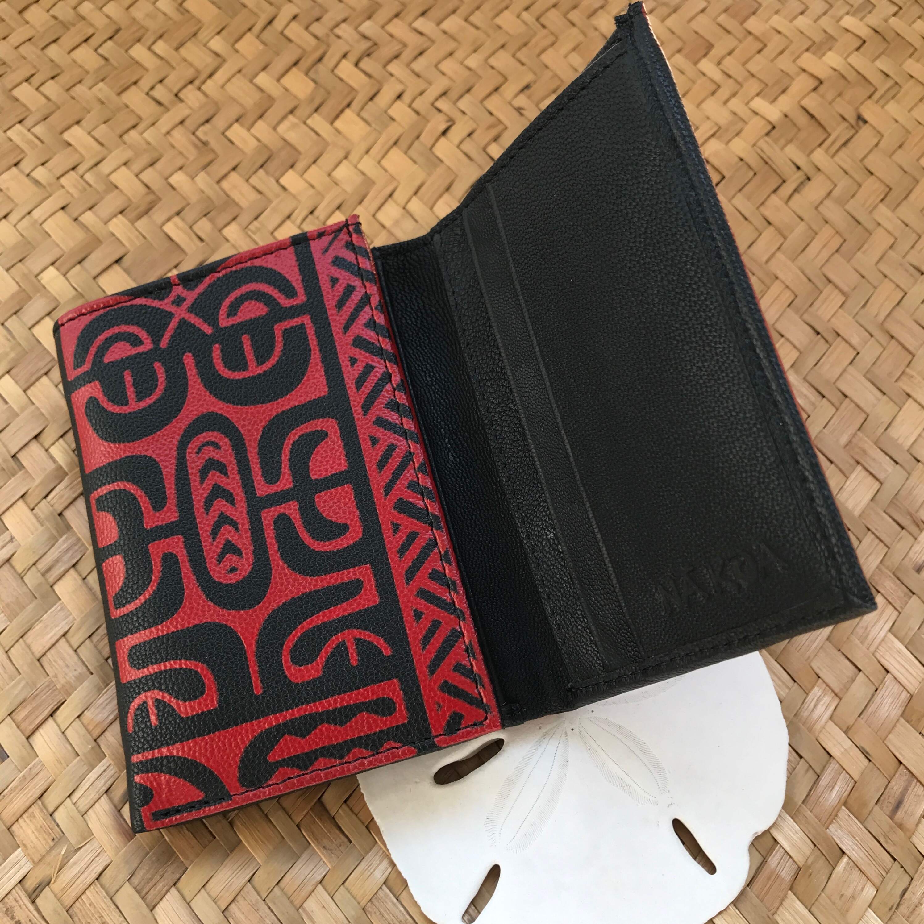 Red leather Hawaiian tribal design trifold wallet gift for men | Aloha Products USA