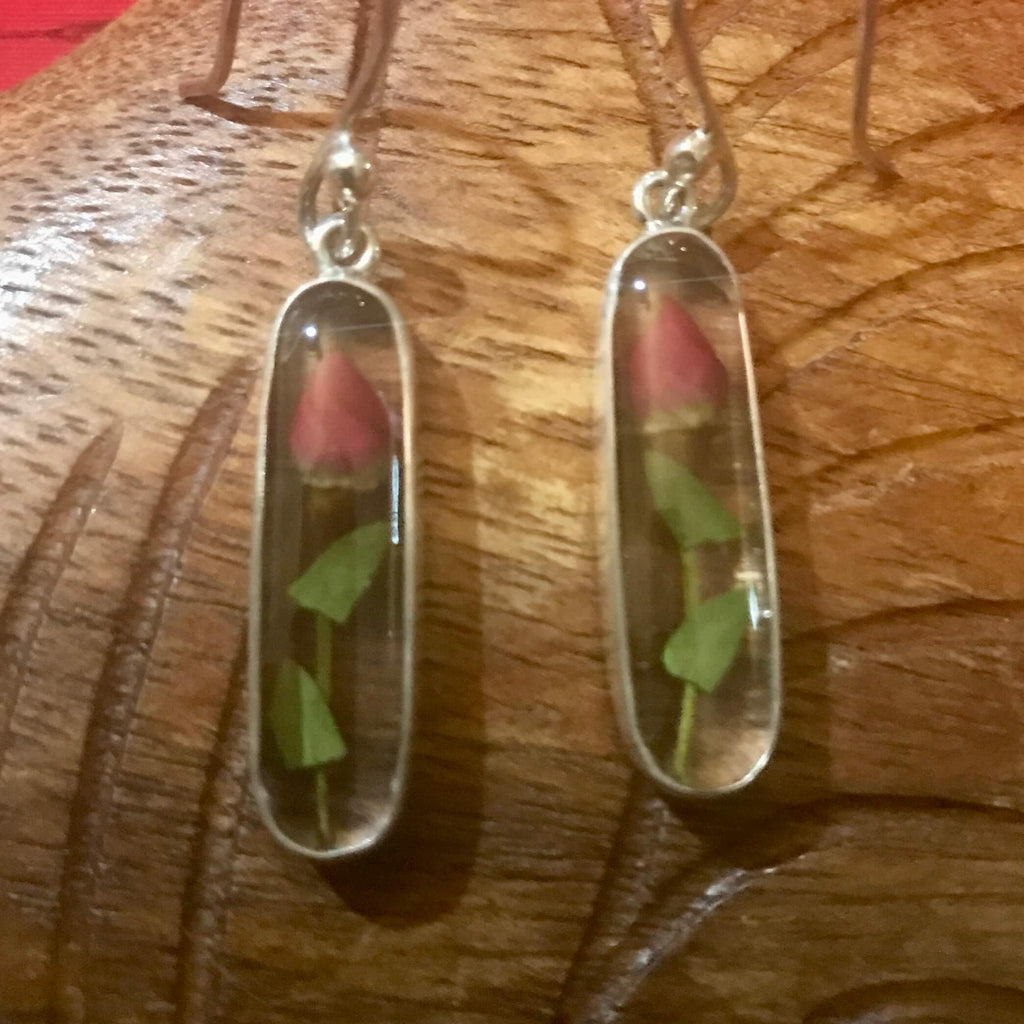 Rose stem earrings set in clear resin on stirling silver | Aloha Products USA