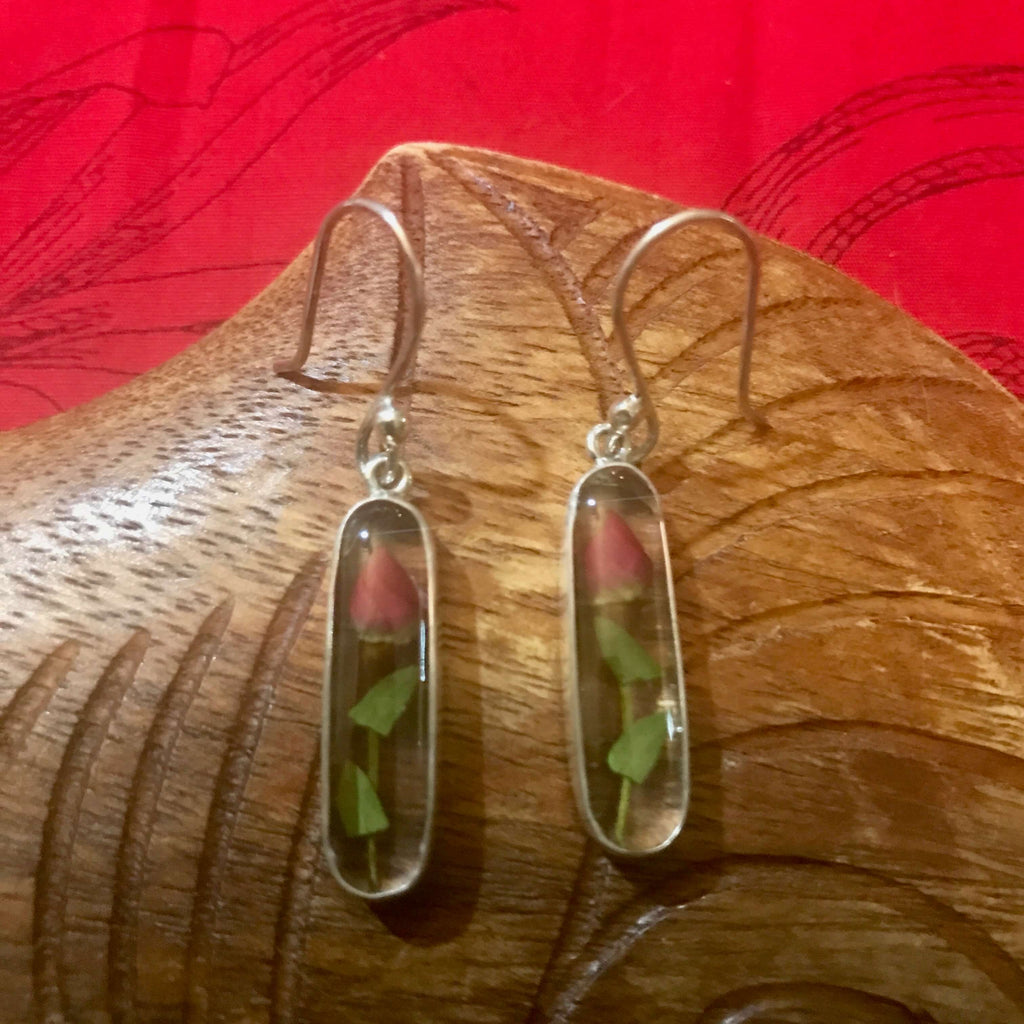 Island jewelry pair of mini rose stem resin earrings set on stirling silver | Aloha Products USA