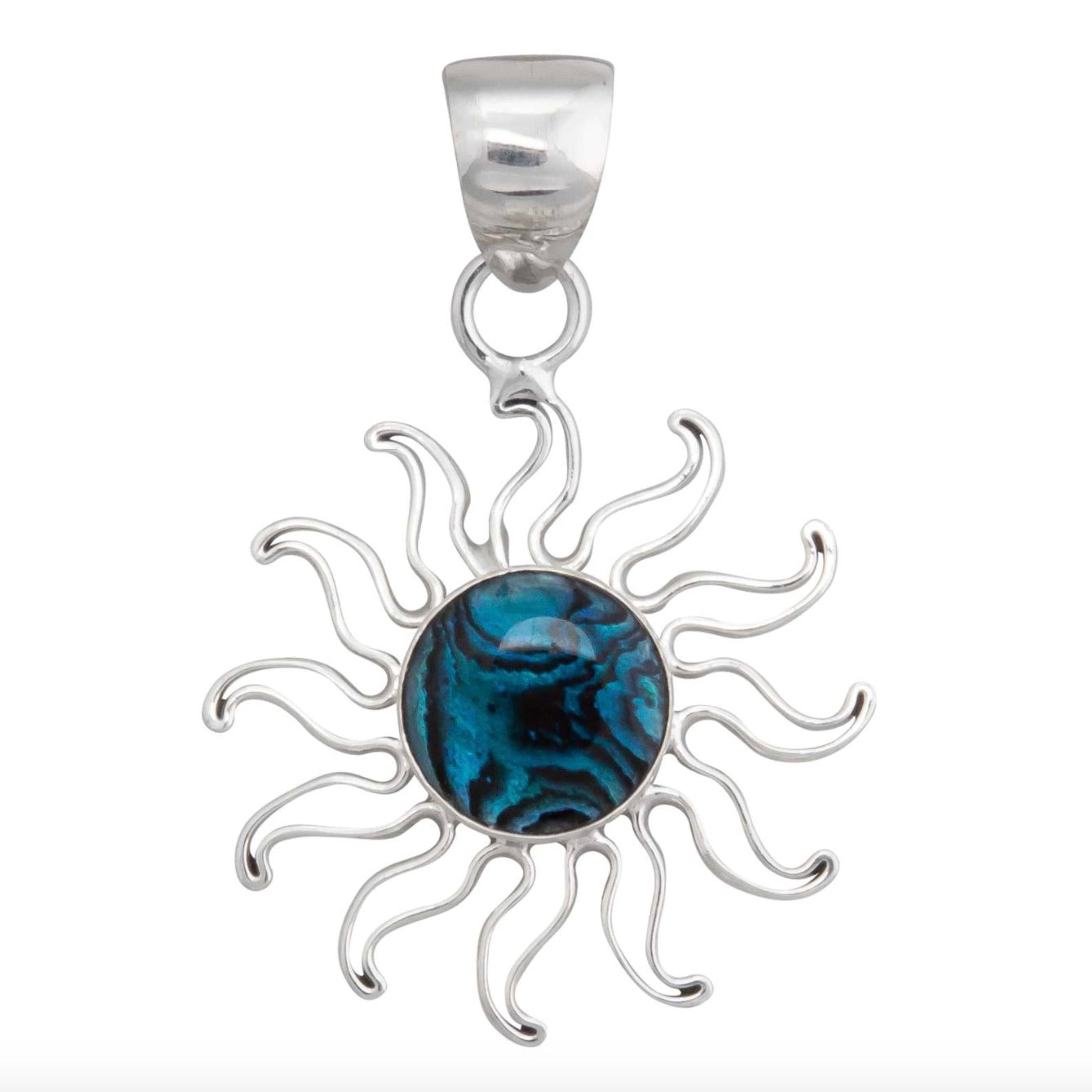 Close up view of a blue abalone sun pendant set in stirling silver