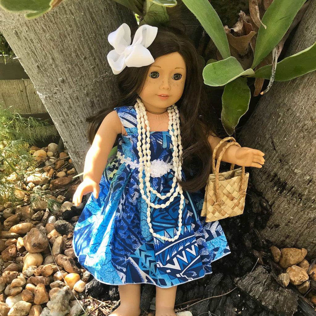 18 inch American girl doll wearing a blue Hawaiian tribal print dress outfit  | Aloha Products USA