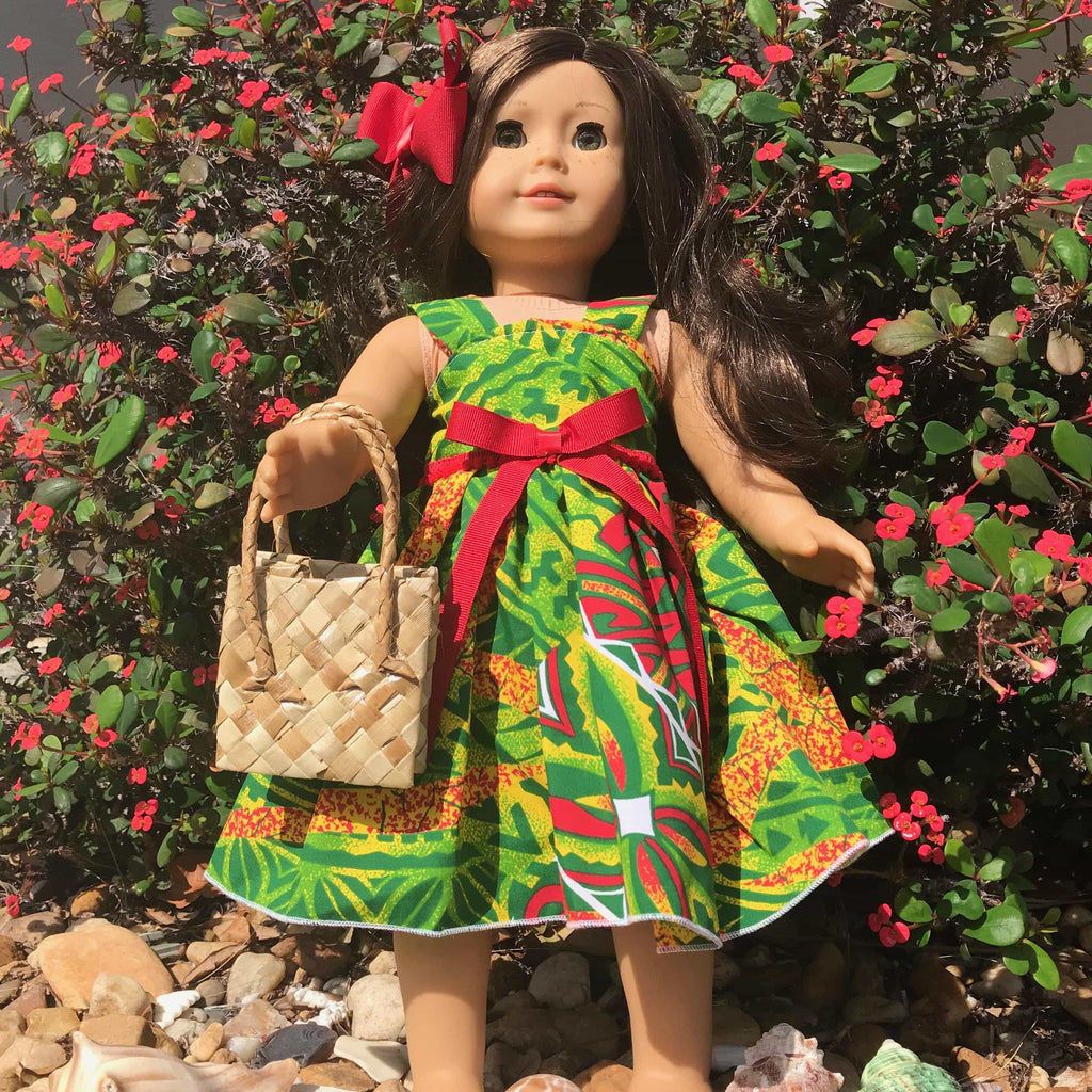 Hawaiian 18" doll dress with green and red tribal print, luau costume outfit  | Aloha Products USA