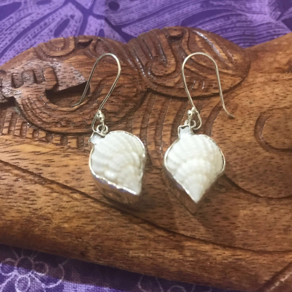 Island jewelry pair of white nassa shell earrings set in stirling silver | Aloha Products USA