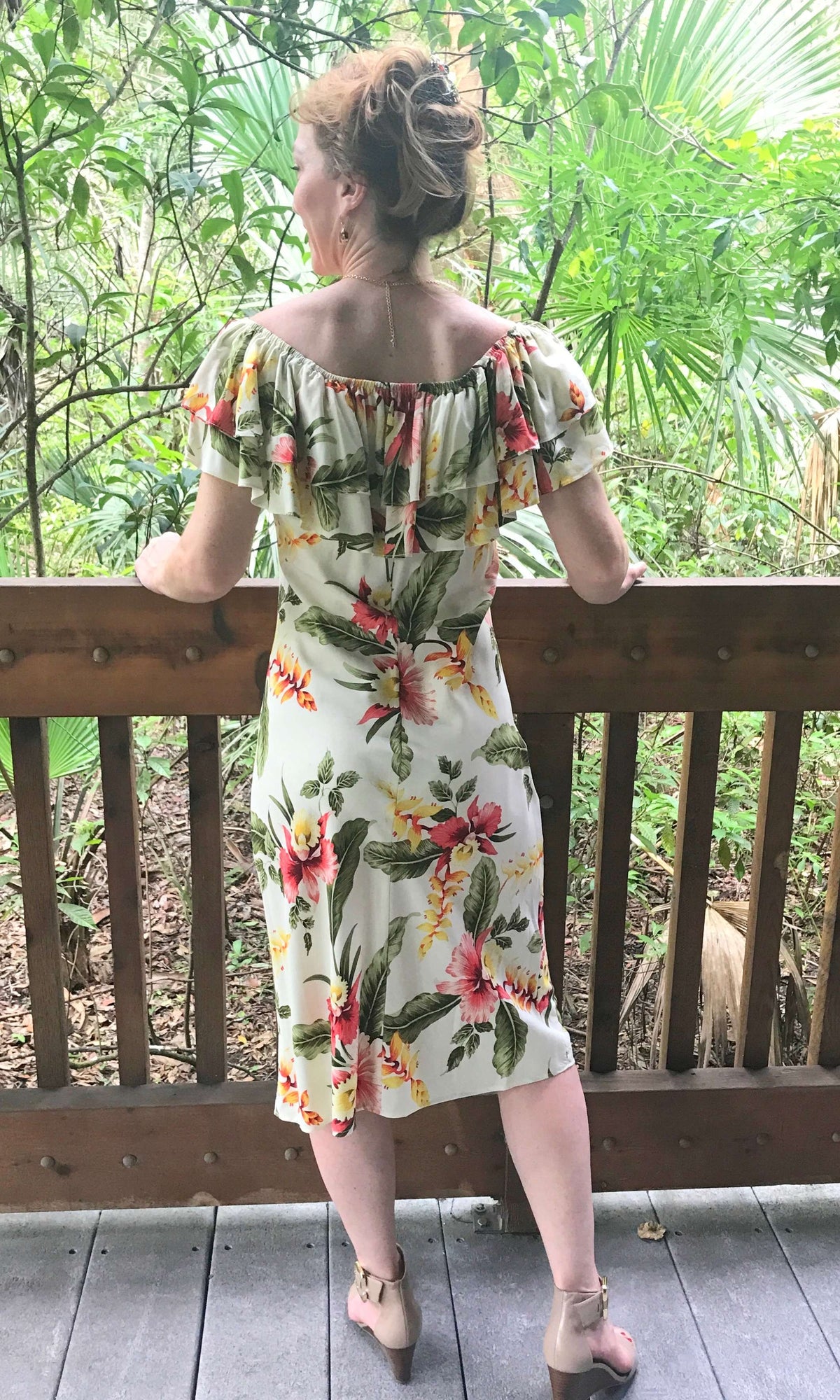 Ladies Hawaiian mid length strapless dress with tropical hibiscus flowers | Aloha Products USA