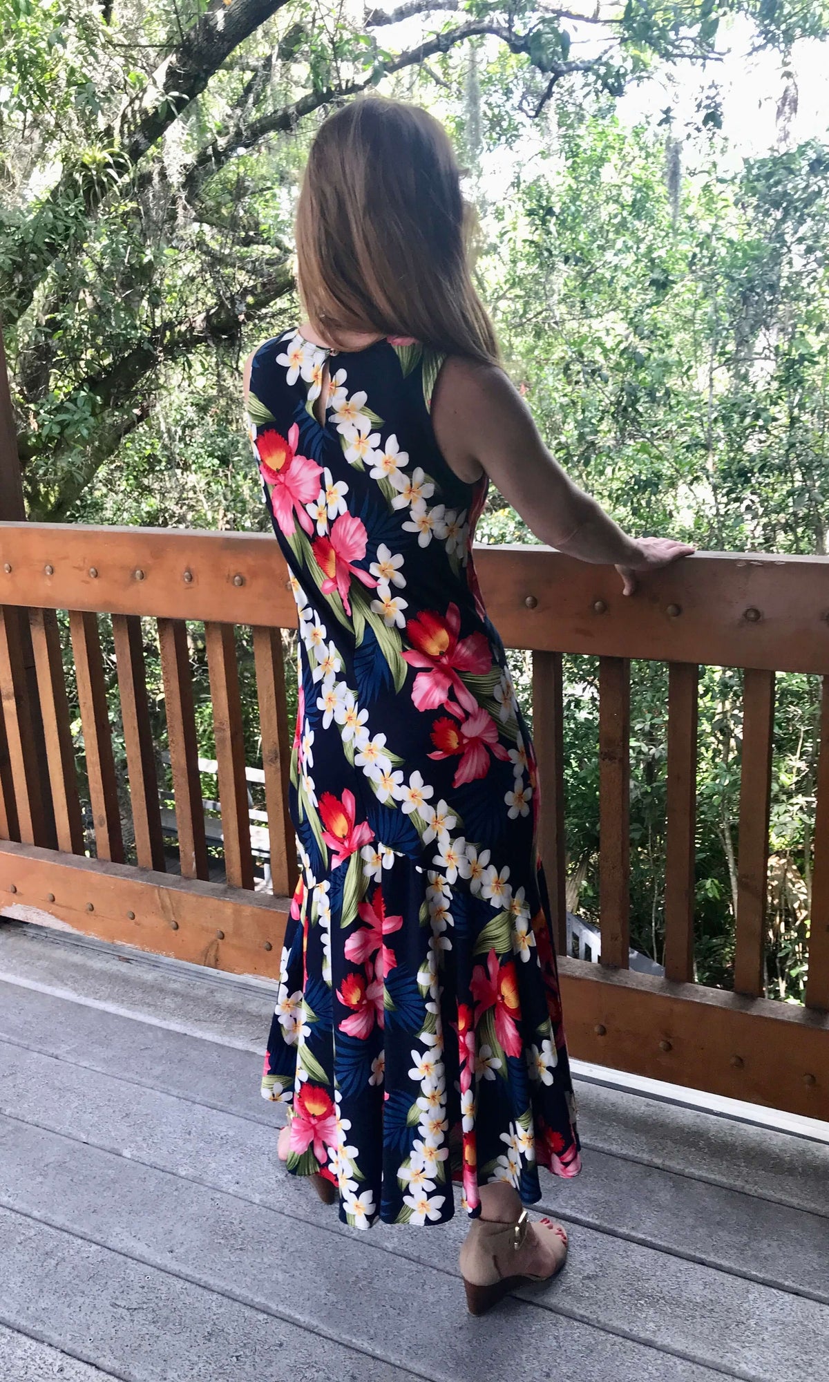 Back view of womans Hawaiian sleeveless maxi dress in navy orchid | Aloha Products USA