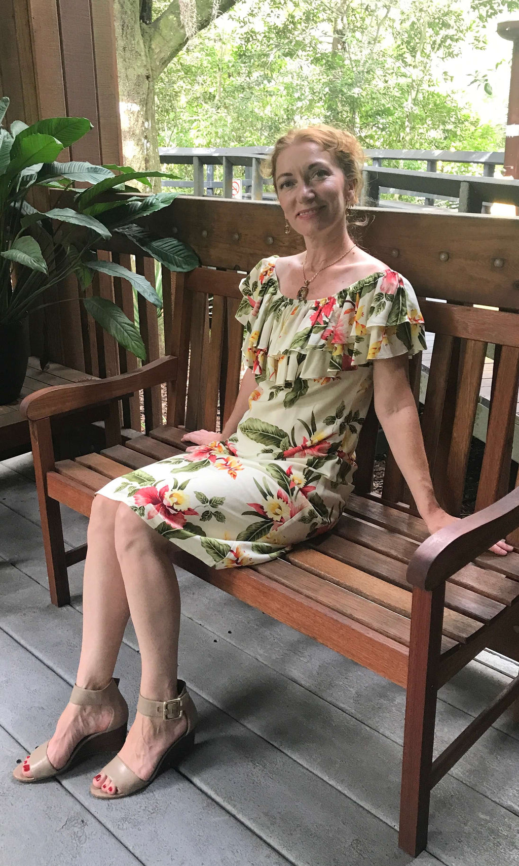 Beautiful Hawaiian hibiscus midi dress with off shoulder ruffle top | Aloha Products USA
