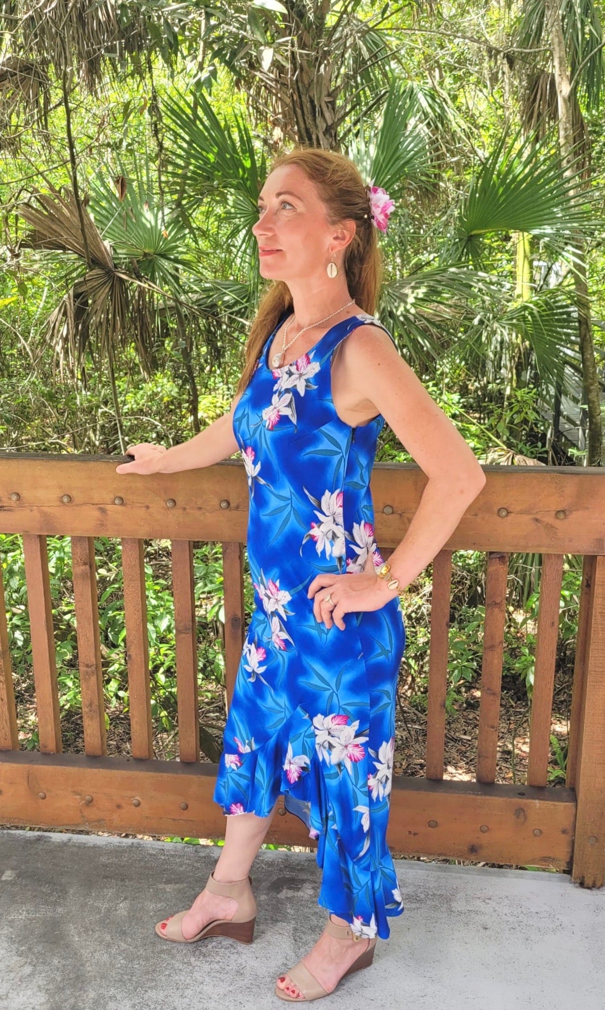 Pretty Hawaiian blue orchid midi ruffle dress | Aloha Products USA