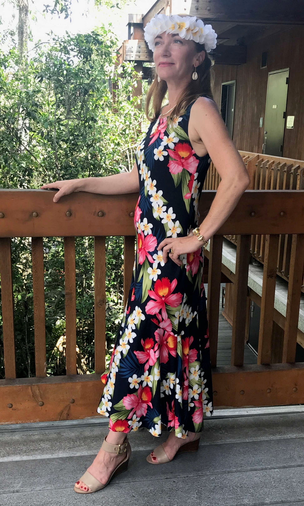 Beautiful Hawaiian sleeveless maxi dress in blue orchid with mermaid ruffle bottom hem | Aloha Products USA